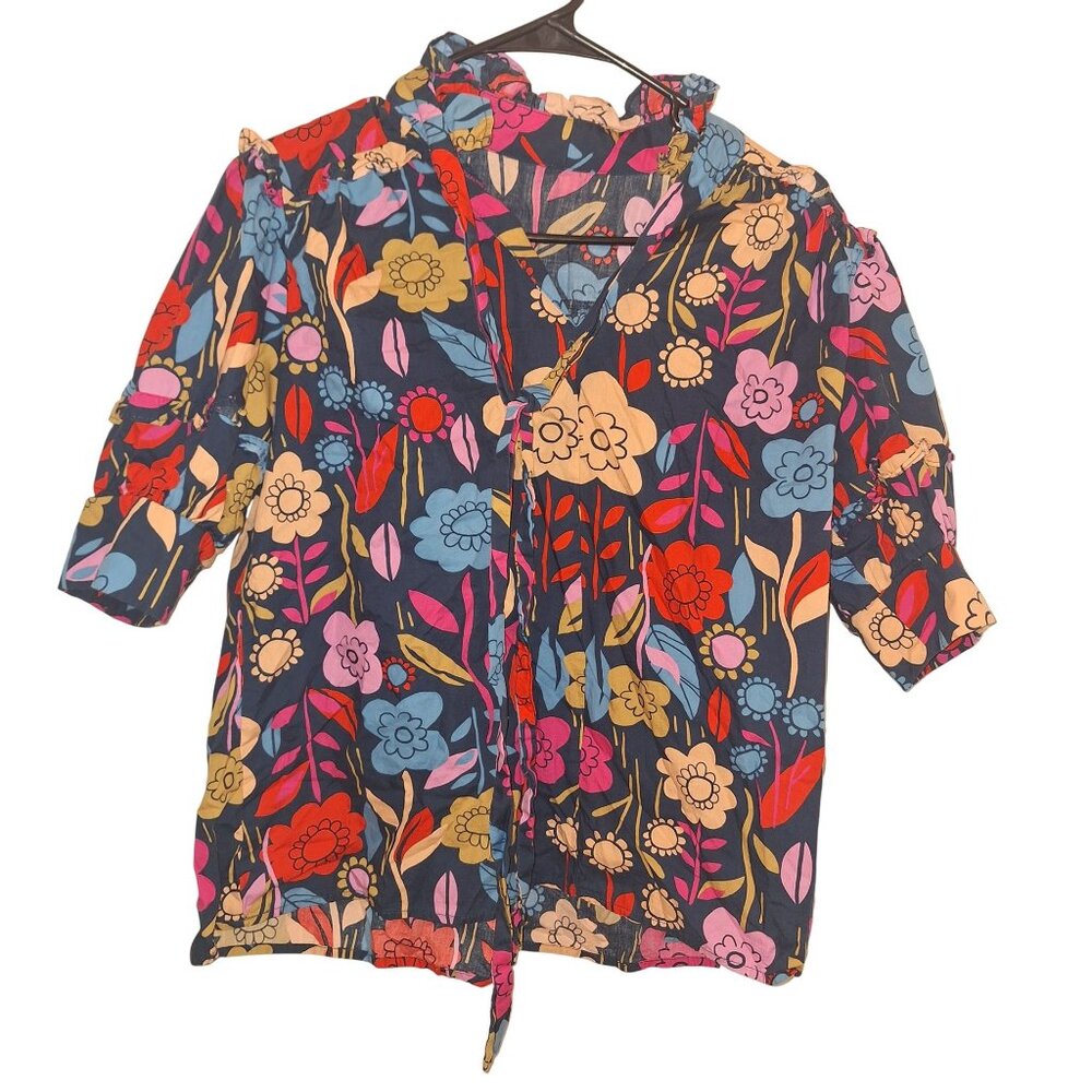 Colorful Floral Womens Cotton Tunic Ruffled Collar & 3/4 Sleeves Medium